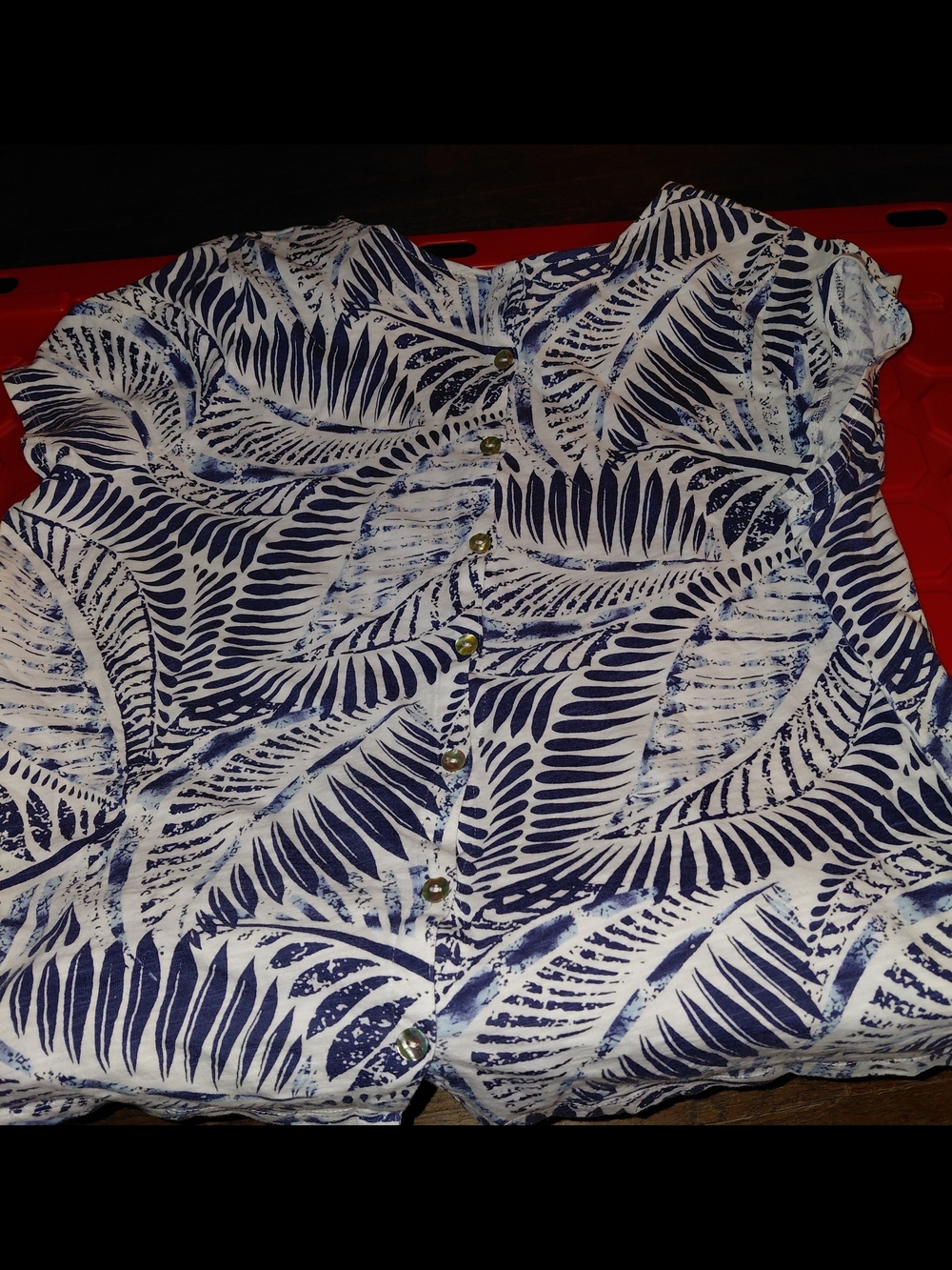 Tahari Navy and White Leaf-Print Button Down Blouse